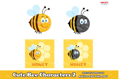 Cute Bee Cartoon Mascot Characters 2. Vector Hand Drawn Collection Set