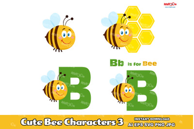 Cute Bee Cartoon Mascot Characters 3. Vector Hand Drawn Collection Set