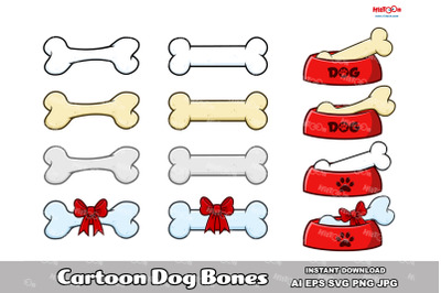 Cartoon Dog Bone With Ribbon And Bow. Vector Hand Drawn Collection Set