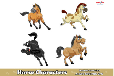 Horse Cartoon Mascot Characters. Vector Hand Drawn Collection Set