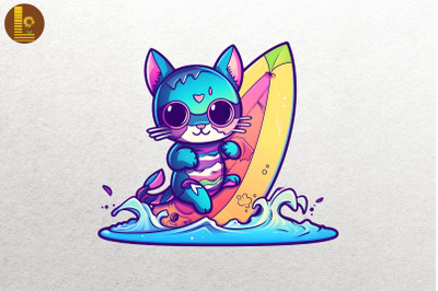 Synthwave Retro Cute Surfing Cat 2