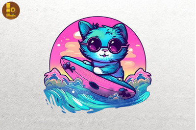 Synthwave Retro Cute Surfing Cat 3