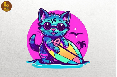 Synthwave Retro Cute Surfing Cat 4