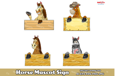 Horse Cartoon Mascot Characters Over A Blank Sign. Vector Collection