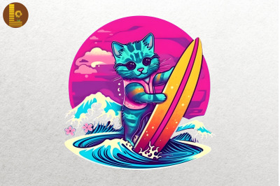 Synthwave Retro Cute Surfing Cat 9