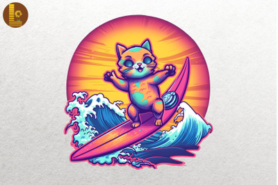 Synthwave Retro Cute Surfing Cat 10