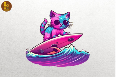 Synthwave Retro Cute Surfing Cat 11