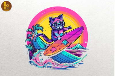 Synthwave Retro Cute Surfing Cat 14