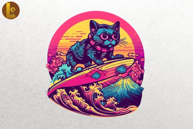 Synthwave Retro Cute Surfing Cat 15