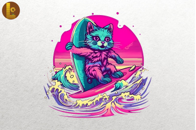 Synthwave Retro Cute Surfing Cat 17