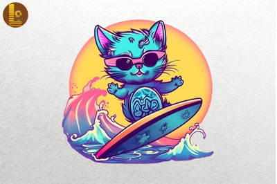 Synthwave Retro Cute Surfing Cat 18