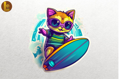 Synthwave Retro Cute Surfing Cat 19