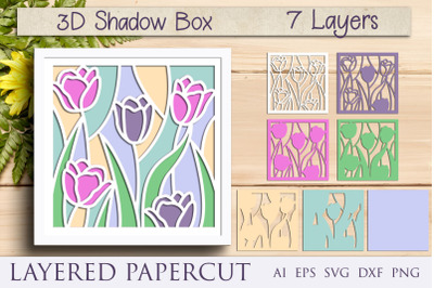 Flowers shadow box, Tulips layered papercut svg