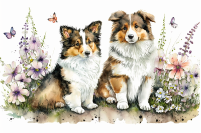 Spring Watercolor Shetland Sheepdog Puppies
