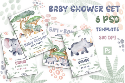 Baby Shower Invitation Watercolor Cards Set. PSD Template