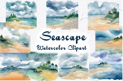 Seascape Watercolor Clipart. Beach clipart.