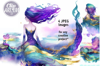 Colorful Charming Mermaid Painting Print 4JPEG Set Home Decor Wall Art