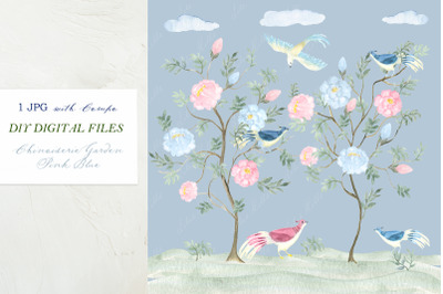 Chinoiserie Garden Toile Pink and Blue Flowers and Birds. Watercolor D