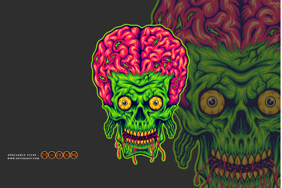 Spooky monster zombie skull head brain logo cartoon illustrations