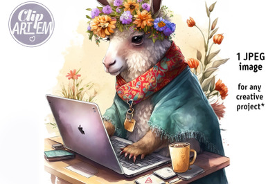 Creative and Smart Lama Woking on Computer JPEG Image Wall Decor