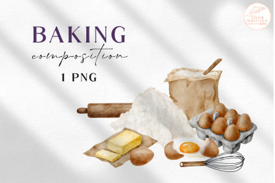 Watercolor Baking Ingredients Clipart. Food and Kitchen Tools PNG