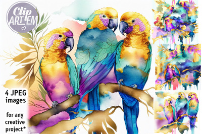 Tropical Parrots Painting Artwork JPEG Images Set Wall Decor