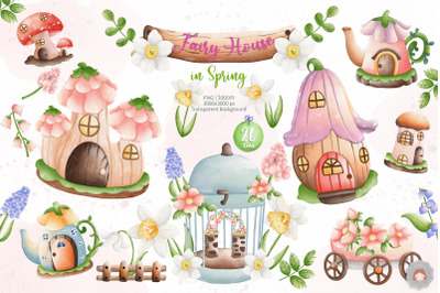 Watercolor Cute Fairy House Spring Clipart Bundle