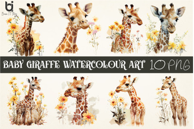 cute baby giraffes Watercolor art,  giraffe with flower PNG Design