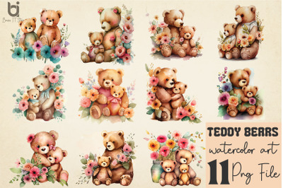 Mothers Day Teddy Bears with Flowers Clipart PNG