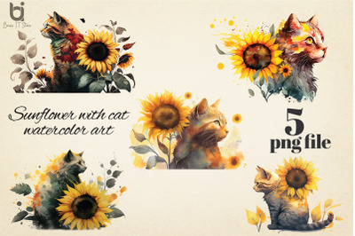 Watercolor Cat With Sunflower Wreath Sublimation Bundle