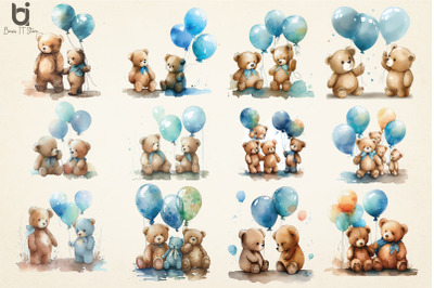 Teddy Bears with Blue Balloons Watercolour Clipart, 12 PNG file