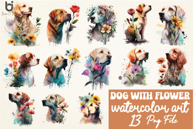 Dogs with flowers png, Watercolor Sublimation bundle