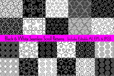Black White Seamless Scroll Patterns