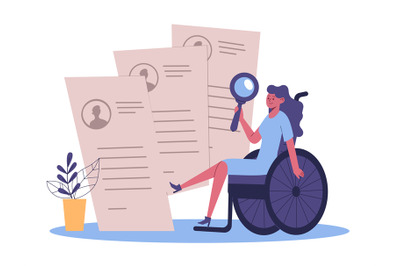 Analyzing cv handicapped character. Cartoon young woman in wheelchair