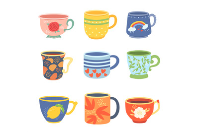 Cartoon cups. Colorful mugs for tea and coffee with different design.