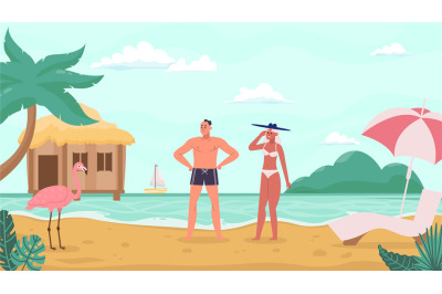 Couple relaxing on sand tropical beach. Cartoon people having vacation