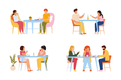 Eating people. Men and women eating meal in cafeteria, at home or rest