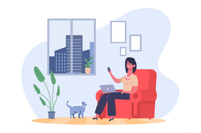 Freelance working person concept. Businesswoman sitting in armchair wi