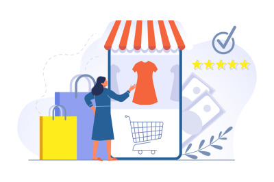 Girl do shopping online, choose clothes on web shop. Woman using mobil