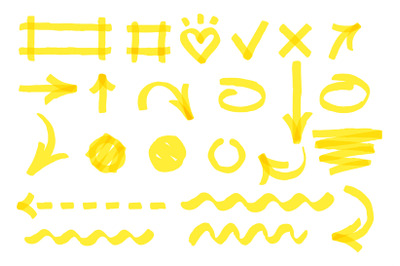 Hand drawn marker strokes. Bright yellow marker different shapes. Hand