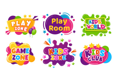 Kids entertainment badges. Cartoon colorful banners with balloons, spl