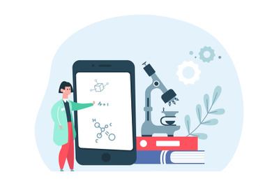 Medicine online education concept. Cartoon female scientist in uniform