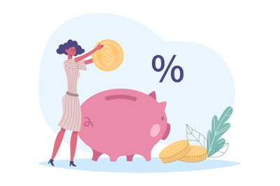 Saving money, investment concept. Woman employee putting golden coin i