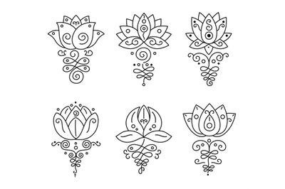 Unalome lotus. Bohemian flower tattoo, buddhism life path sign and zen