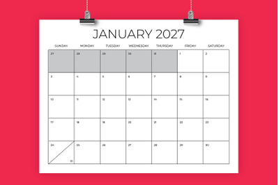 2027 8.5 x 11 Inch Calendar Template