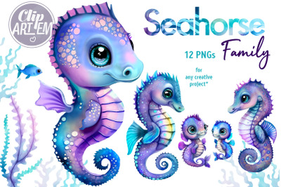 Stunning Seahorse Family 12 PNG Watercolor Images Bundle Clip Art