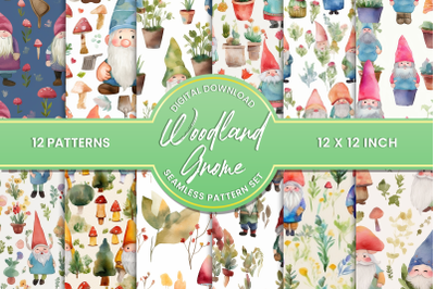 12 Woodland Garden Gnome Cuties - Digital Paper Seamless Pattern Pack