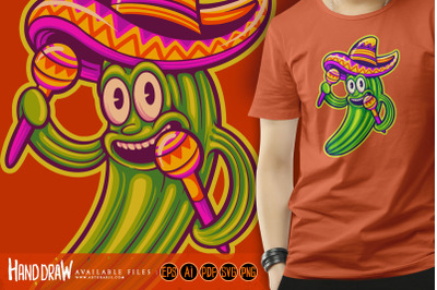 Cute cactus mexican sombrero hat maracas logo cartoon illustrations