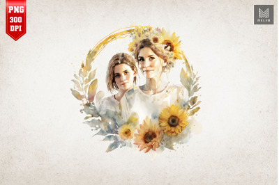 Mother, Daughter And Sunflowers