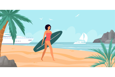 Summer sea activity, girl with surfboard on beach